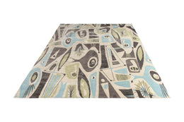 Mid-Century Modern Rug in Taupe, Green and Blue Geometric Pattern