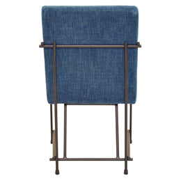 Samuel Chenille Upholstered and Black Steel Framed Dining Arm Chair in Denim Blue