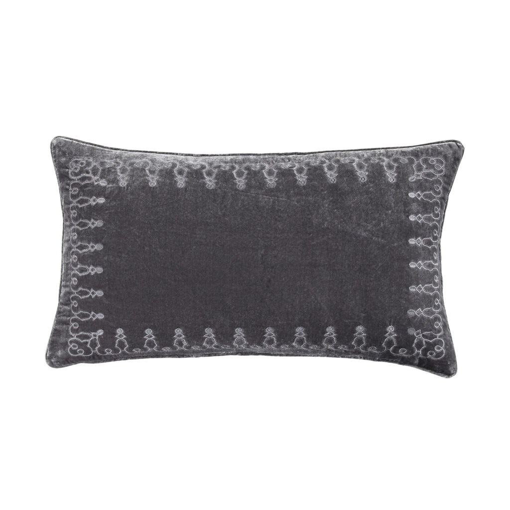 Stella Silk Velvet Embroideried Lumbar Pillow, 14x24" Slate
