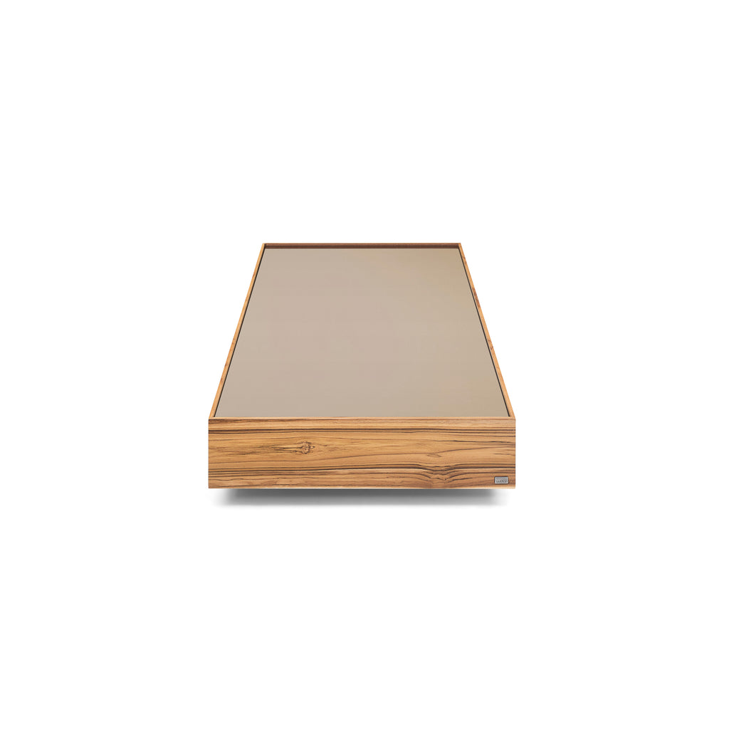 Arc Rectangular Coffee Table in Teak Featuring Bronze Glass Top