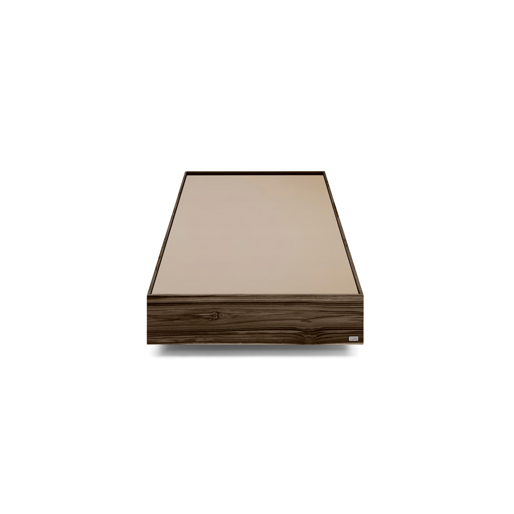 Arc Rectangular Coffee Table in Walnut Featuring Bronze Glass Top