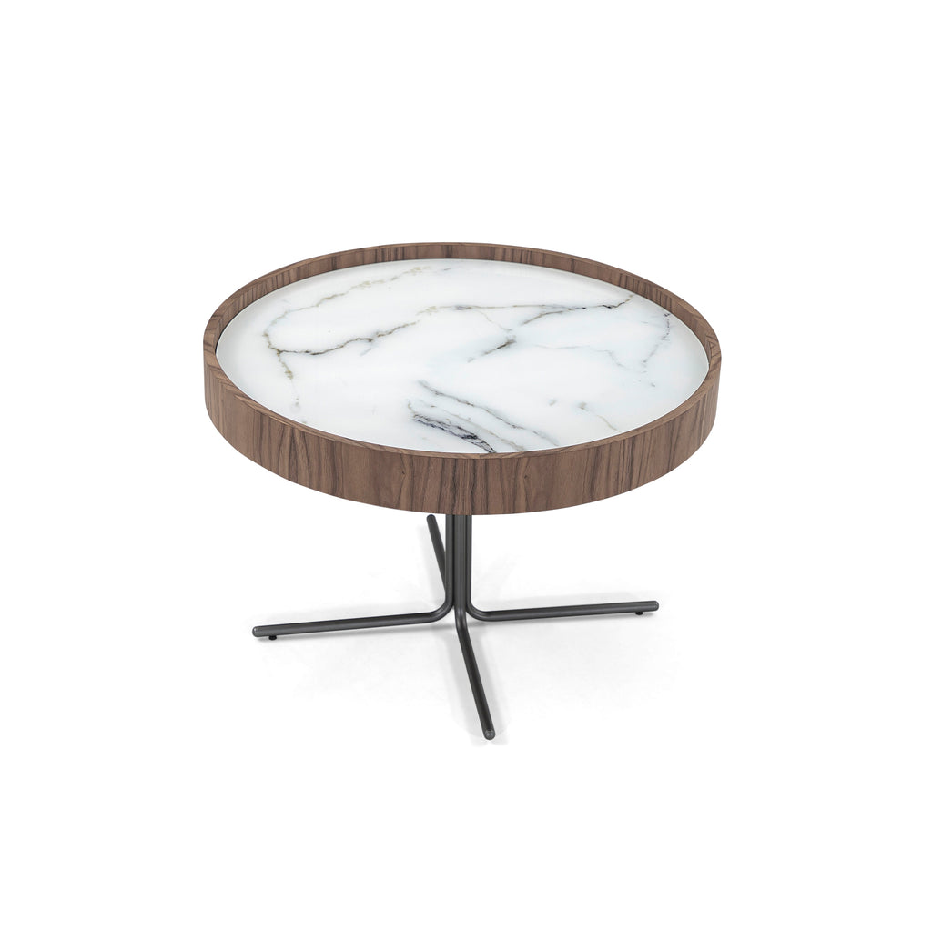 Regia Occasional Table in Walnut Featuring Carrara Glass, 26"dia