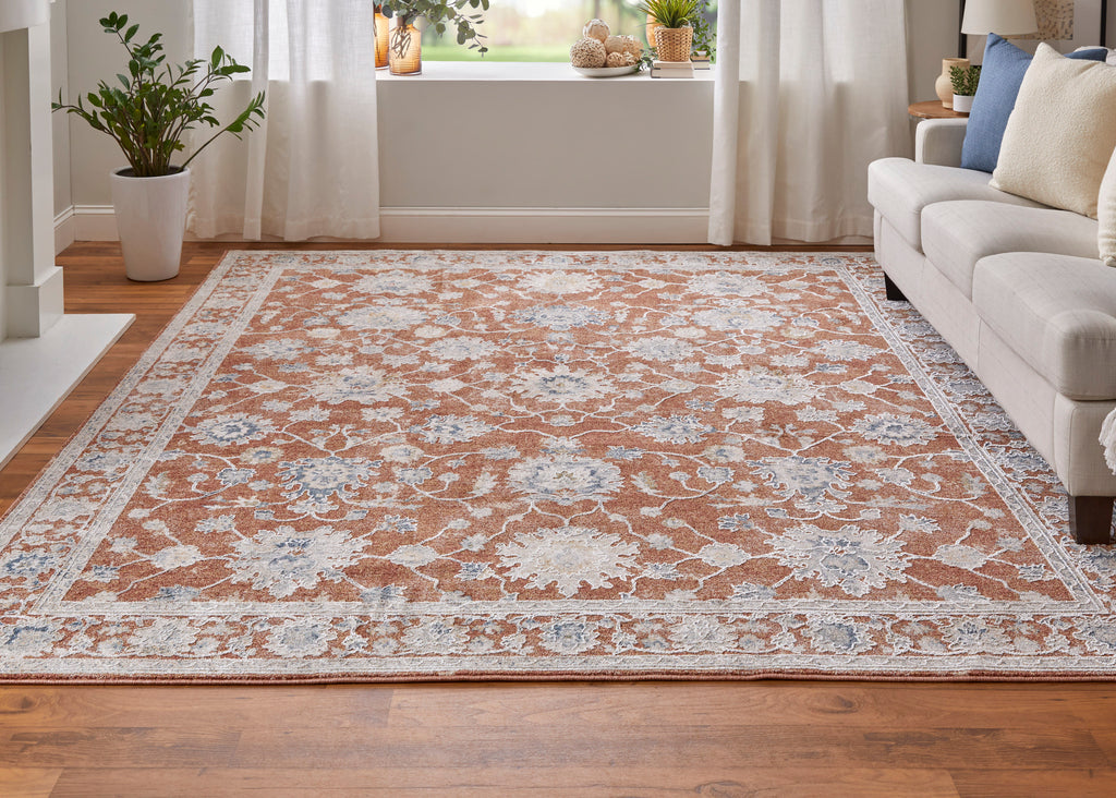 Pasha Transitional Floral Botanical Red Ivory Blue Area Rug (9' x 12'8")