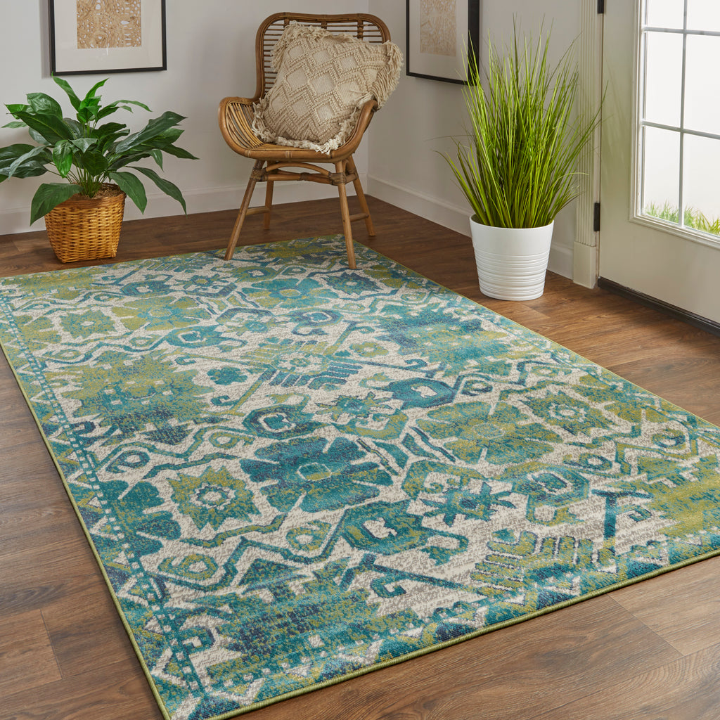 Foster Transitional Oriental Green Blue Area Rug (10' x 13'2")