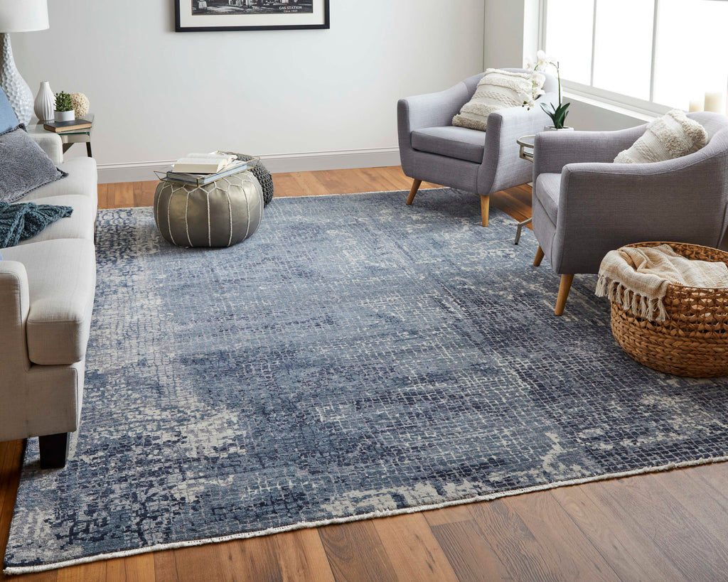 Marinn Modern Abstract Blue Ivory Area Rug (9'6" x 13'6")