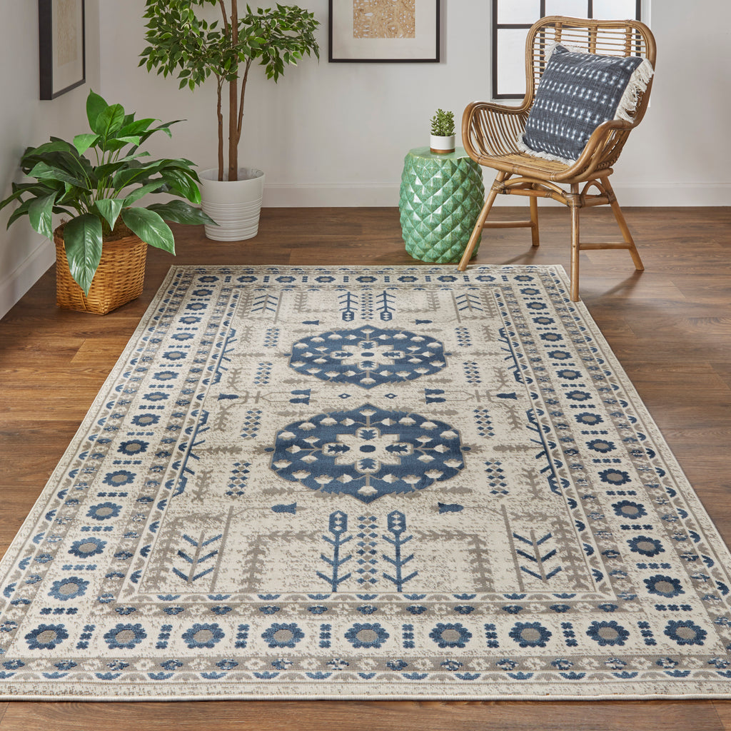 Foster Transitional Medallion Blue Gray Ivory Area Rug (7'10" x 11')