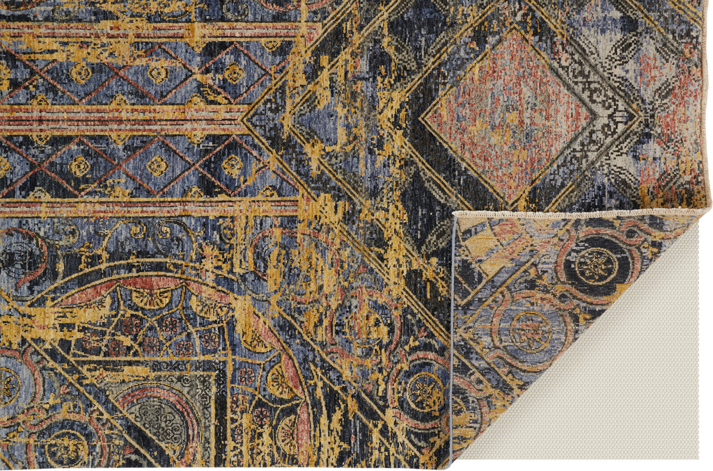 Blanchard Transitional Geometric Gray Gold Blue Area Rug (8'6" x 11'6")