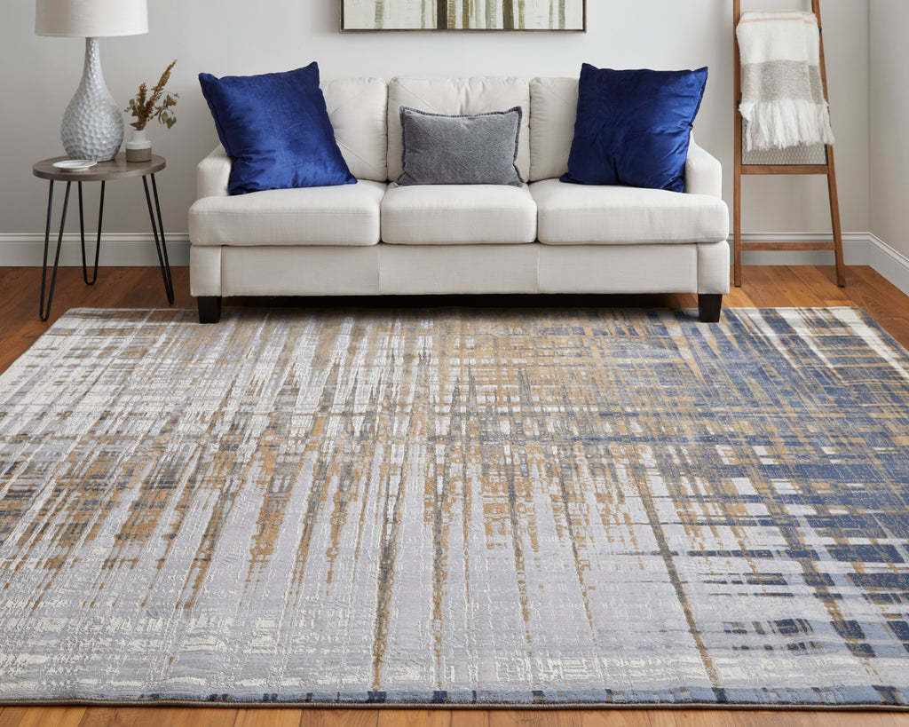 Clio Modern Abstract Blue Orange Gray Area Rug (2'9" x 7'10")