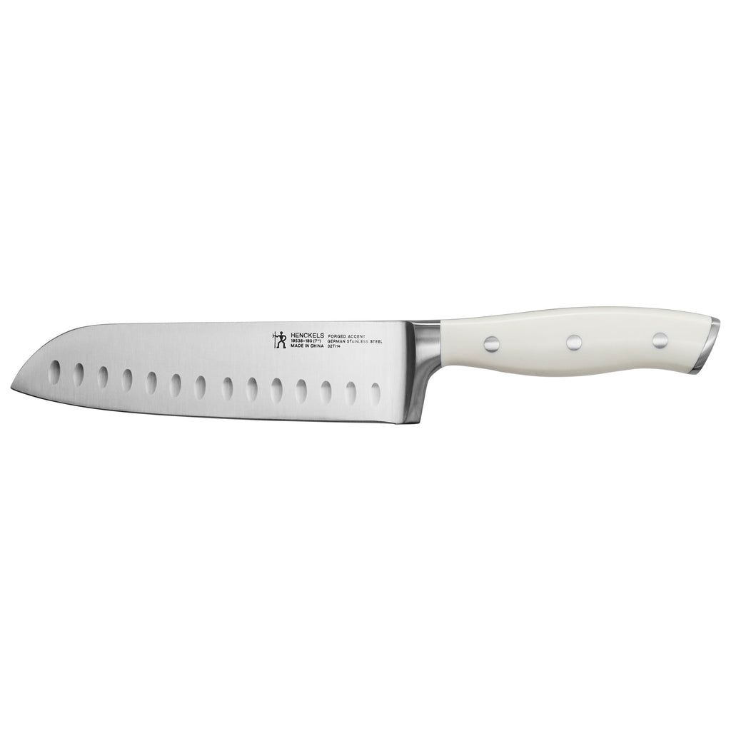 7" Santoku He- White Handle Forged Accent