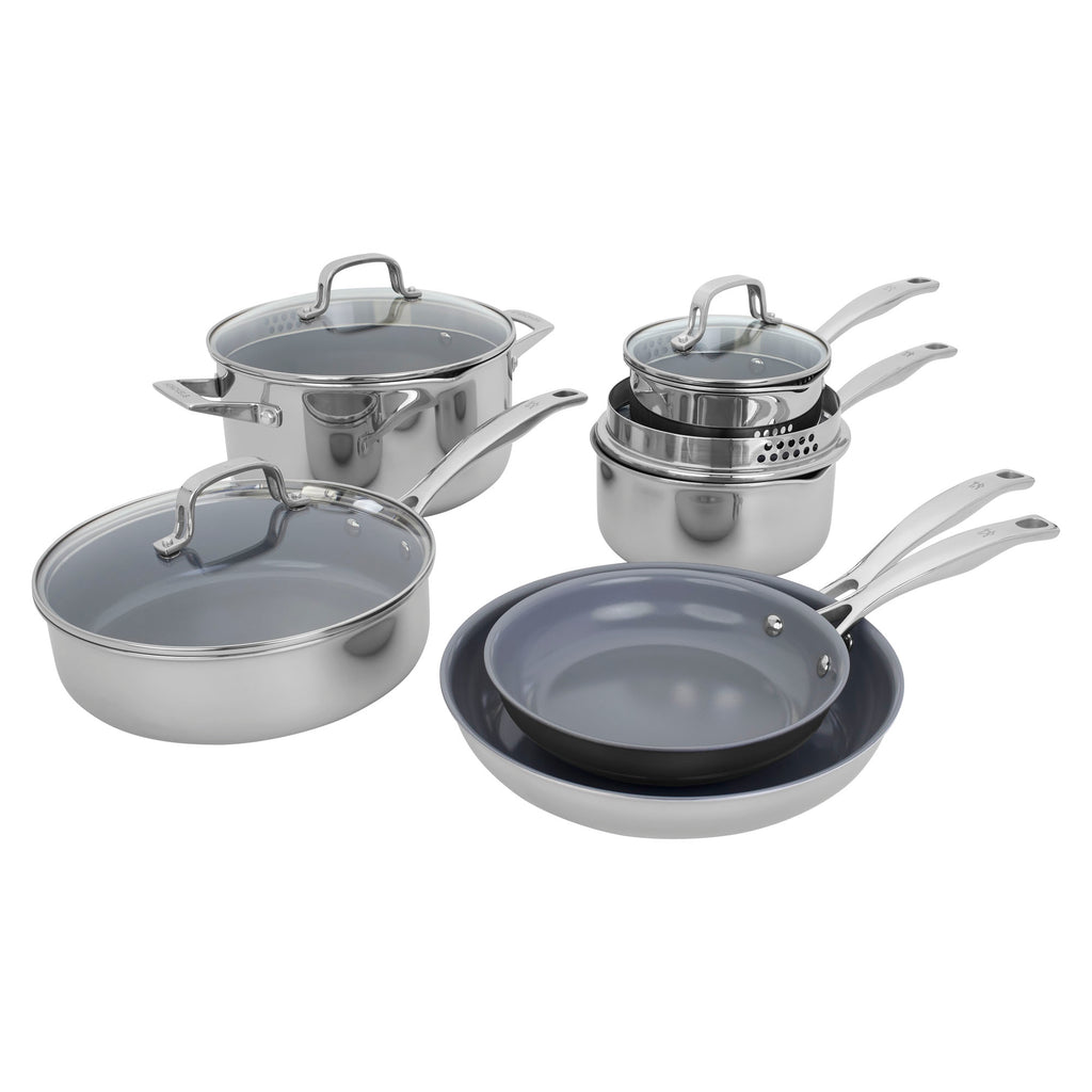 10-Piece Stainless Steel Ceramic Nonstick Cookware Set, Clad H3 Ceramic Nonstick