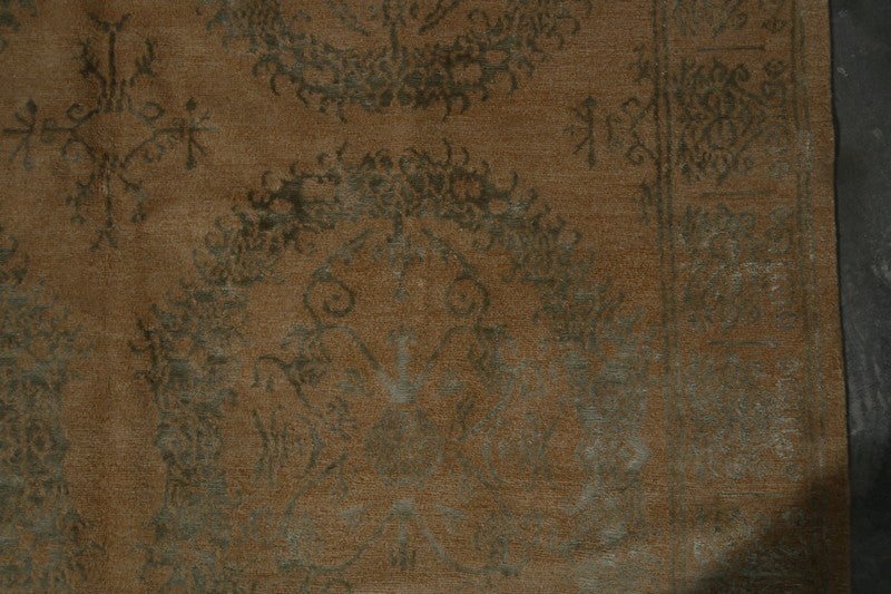 Custom Floral Beige Green Wool And Silk Rug - Catana - 10243