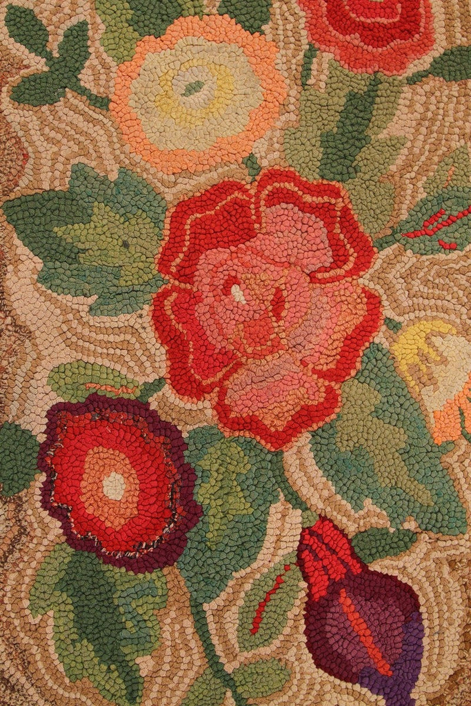 Antique Hand-Hooked Floral Beige-Brown And Red Wool Rug - 10293