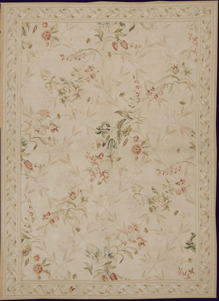 Custom Transitional Cream And Pink Wool Floral Rug - 11088
