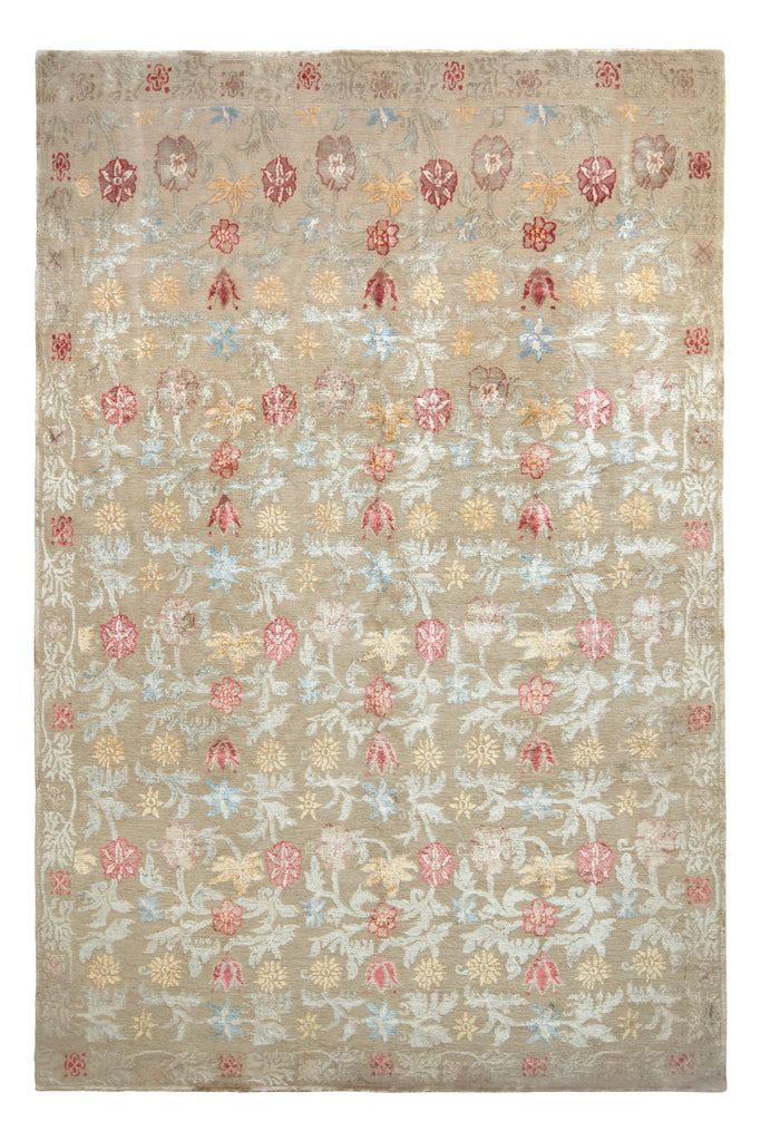 Hand-Knotted Spanish Style Floral Rug In Beige And Red - 11353