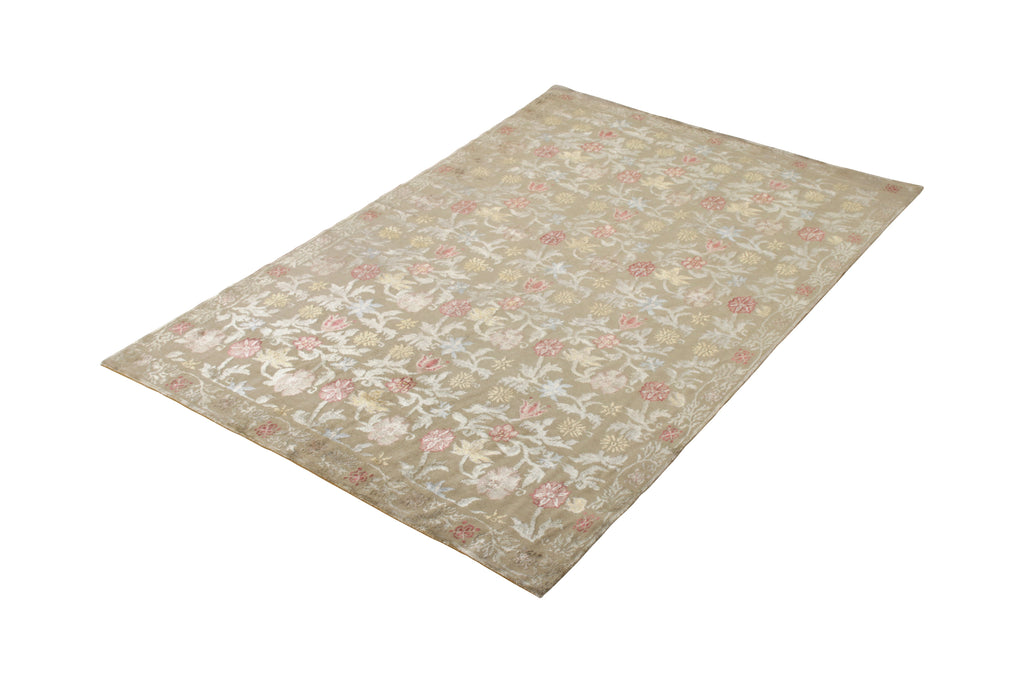 Hand-Knotted Spanish Style Floral Rug In Beige And Red - 11353