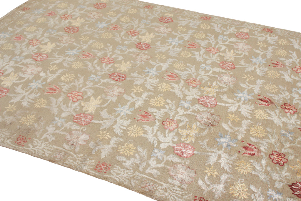 Hand-Knotted Spanish Style Floral Rug In Beige And Red - 11353