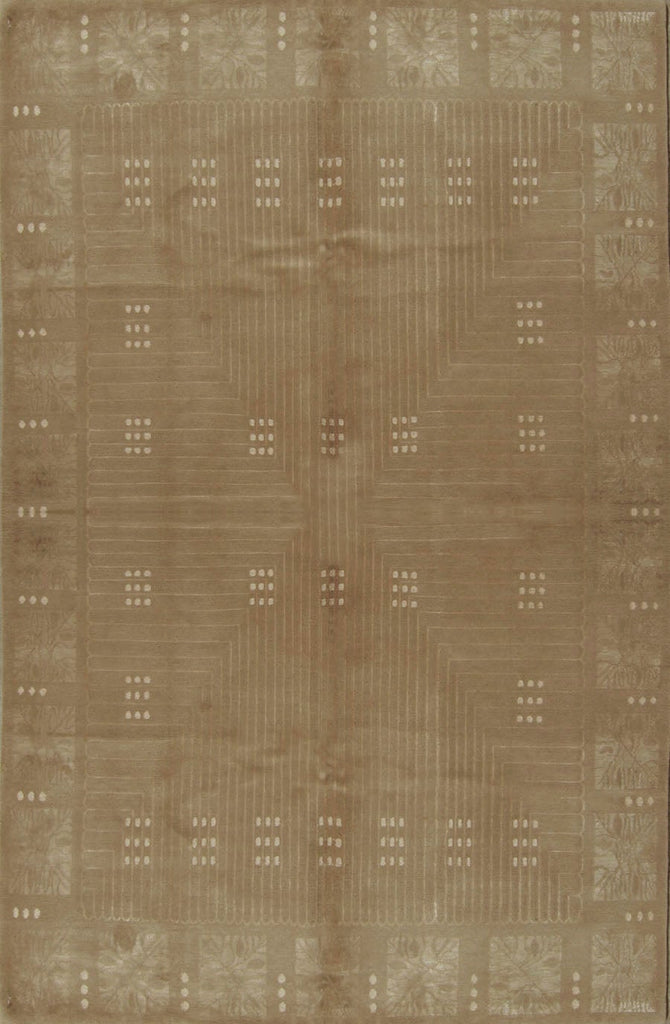 Contemporary Art Deco Style Geometric Beige Brown Wool And Silk Custom Rug - Maze - 11354