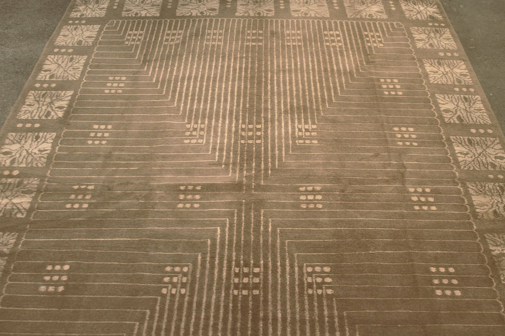 Contemporary Art Deco Style Geometric Beige Brown Wool And Silk Custom Rug - Maze - 11354