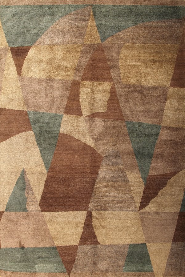 Custom Modern Geometric Beige Brown And Blue Wool And Silk Rug - Nargis - 11393