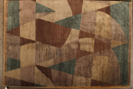 Custom Modern Geometric Beige Brown And Blue Wool And Silk Rug - Nargis - 11393