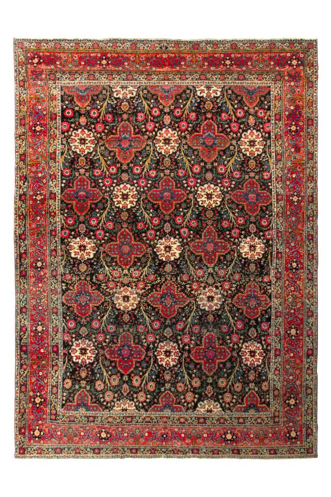 Hand-Knotted Persian Tehran-Design Rug With Floral Design In Red And Green - 11407