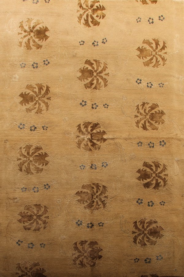 Custom Contemporary Floral Beige Brown And Blue Wool And Silk Rug - Blue Carnation - 11502