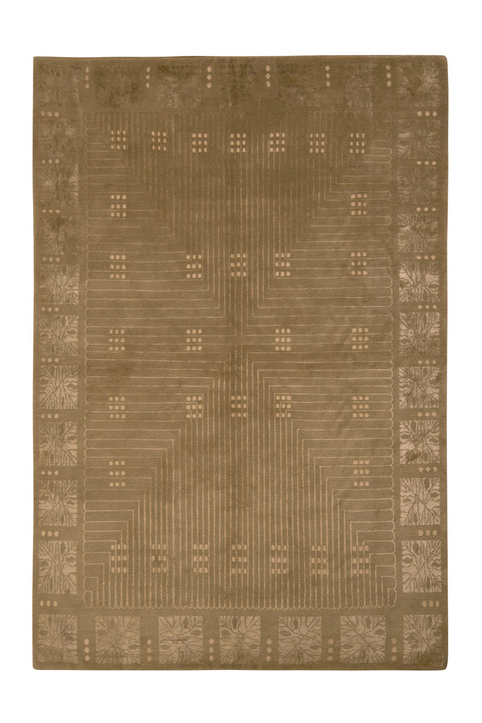 Hand-Knotted Art Deco Style Rug Beige Green Custom Pattern - 11525