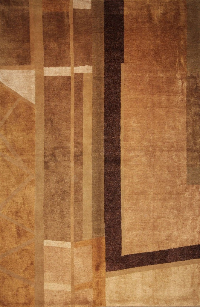 Custom Cubist Geometric Beige Brown Wool And Silk Rug - 11549