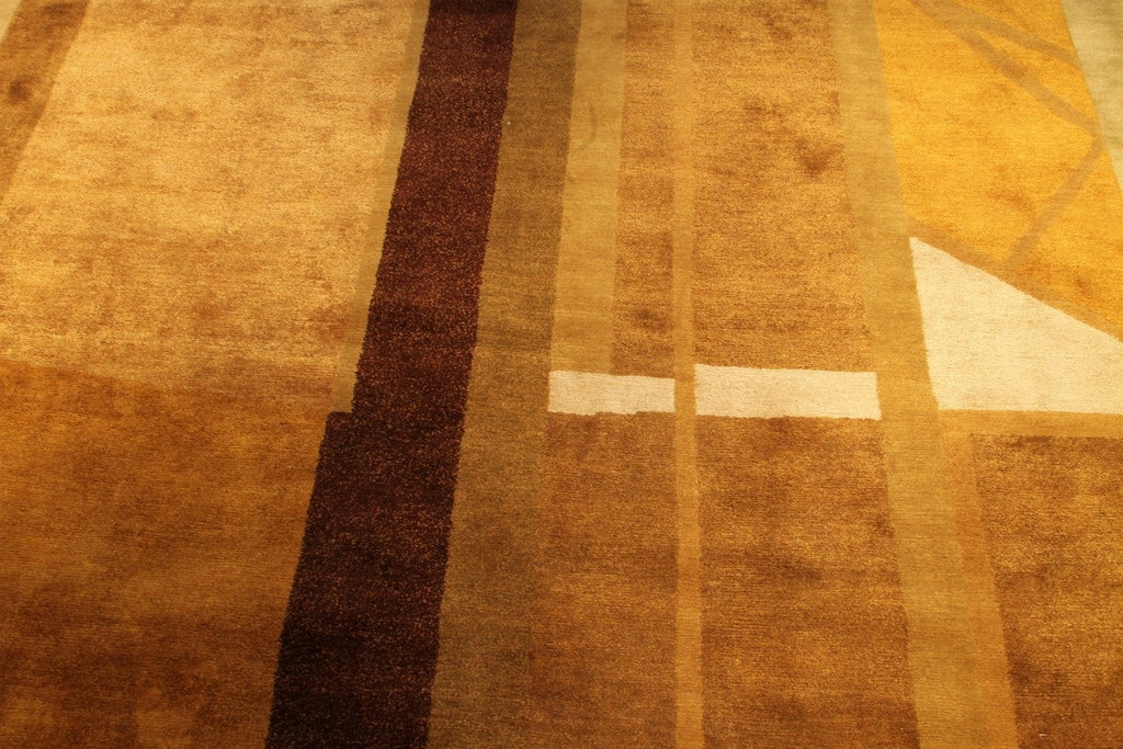 Custom Cubist Geometric Beige Brown Wool And Silk Rug - 11549