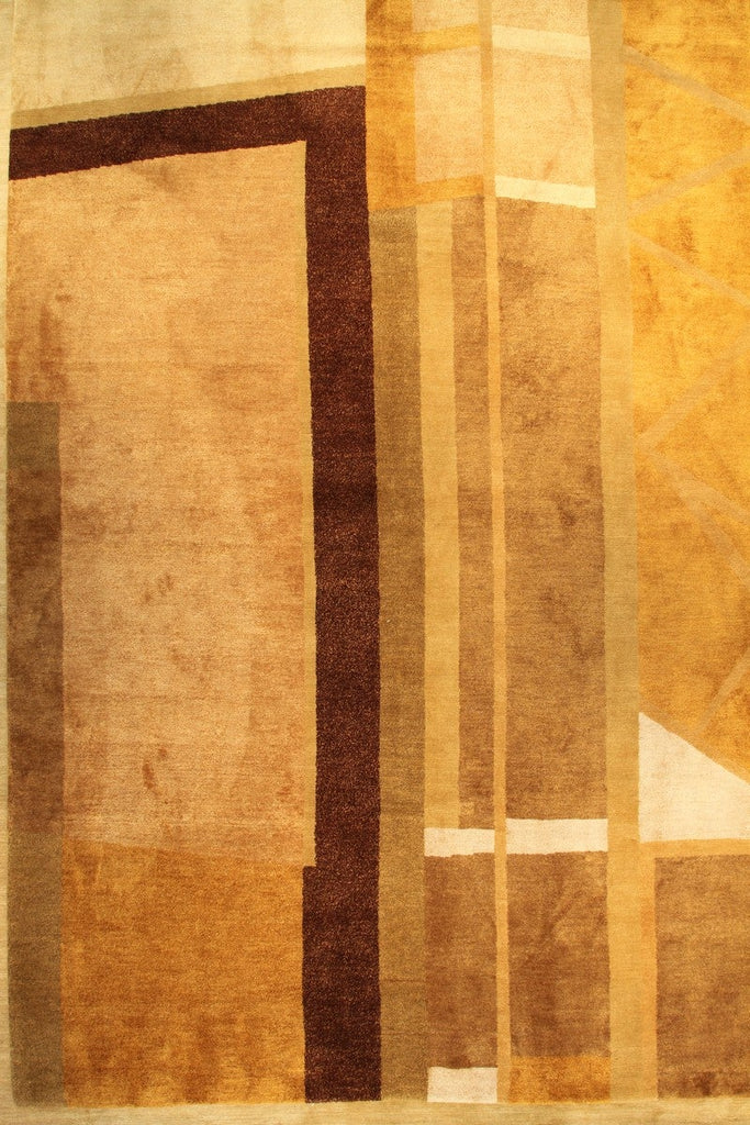 Custom Cubist Geometric Beige Brown Wool And Silk Rug - 11549