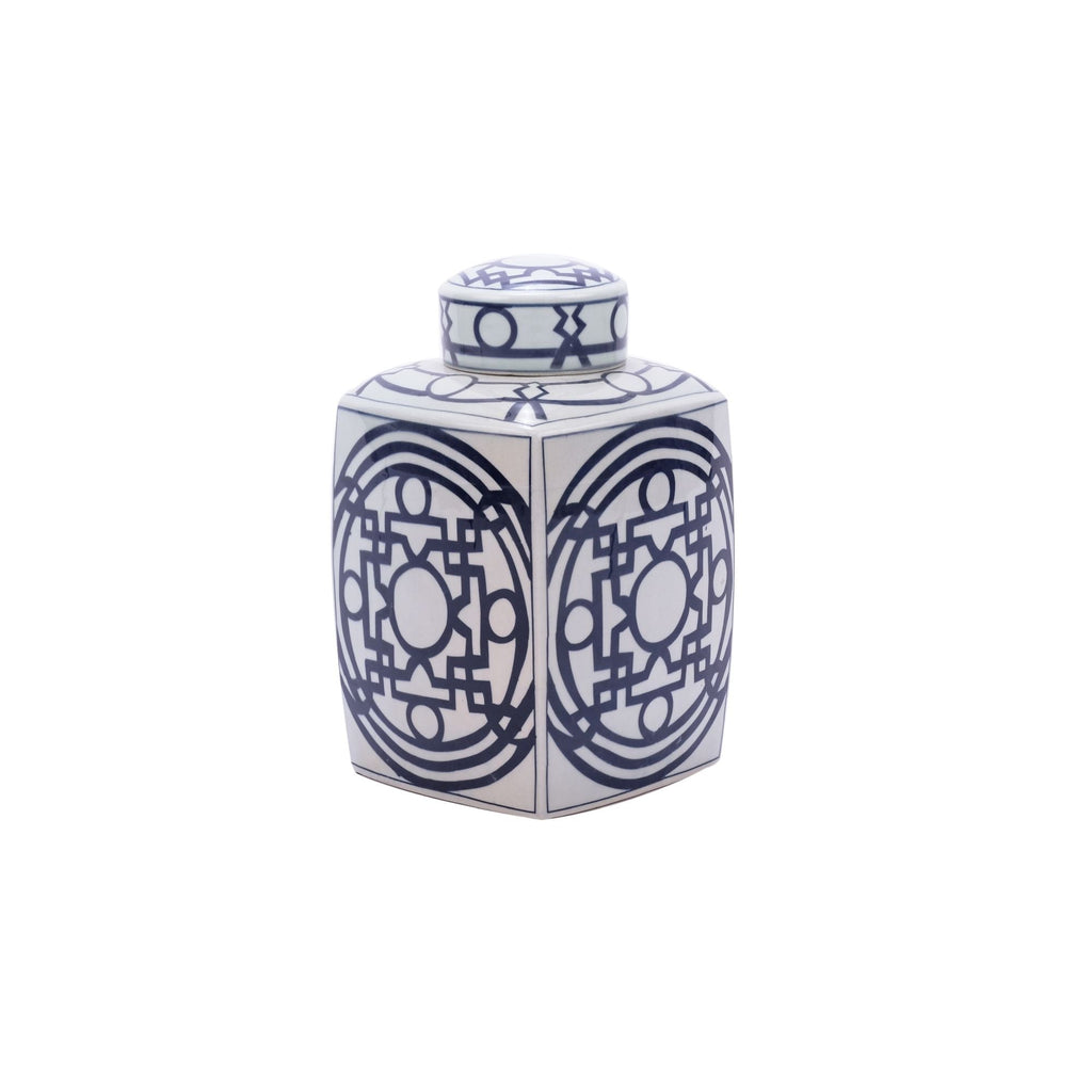 Blue and White Square Tea Jar With Pattern of Lines Large