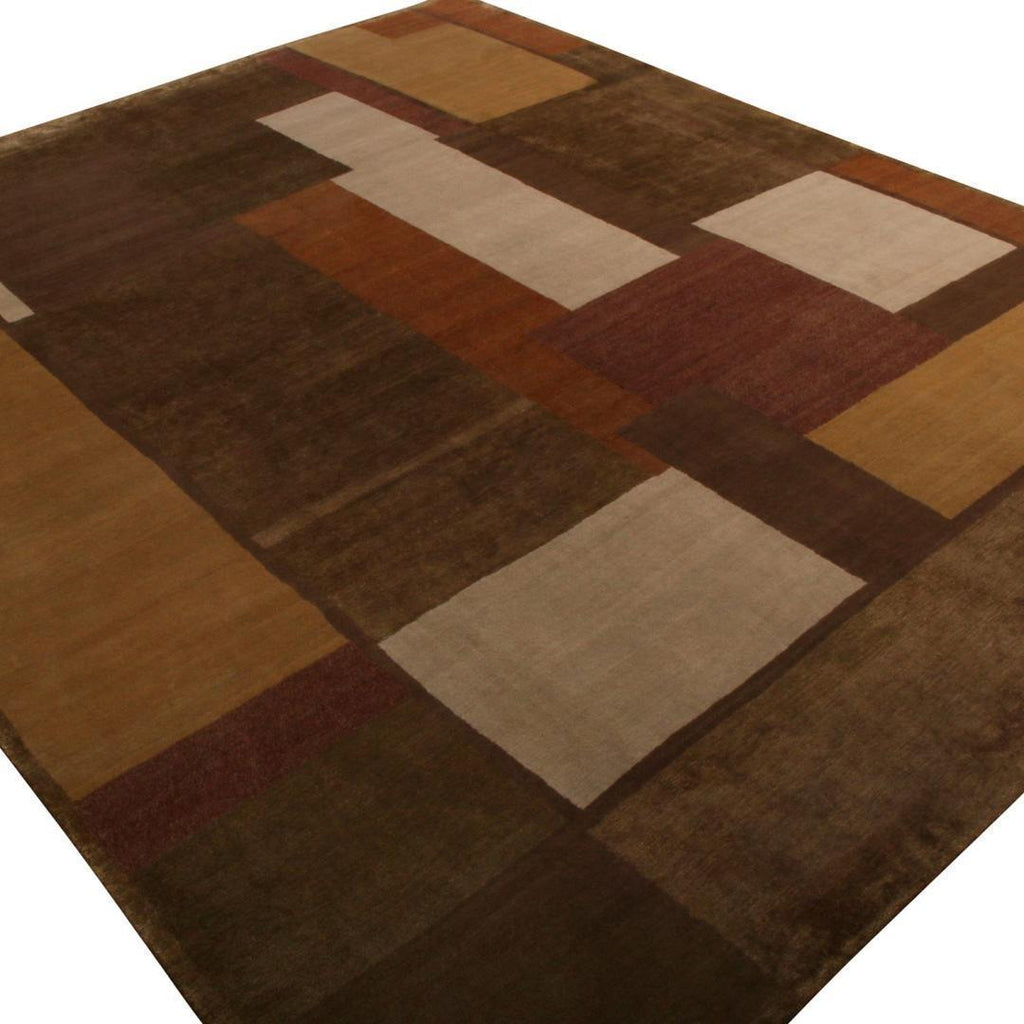 Hand-Knotted Modern Cubist Rug in Beige-Brown, Gold Deco Pattern