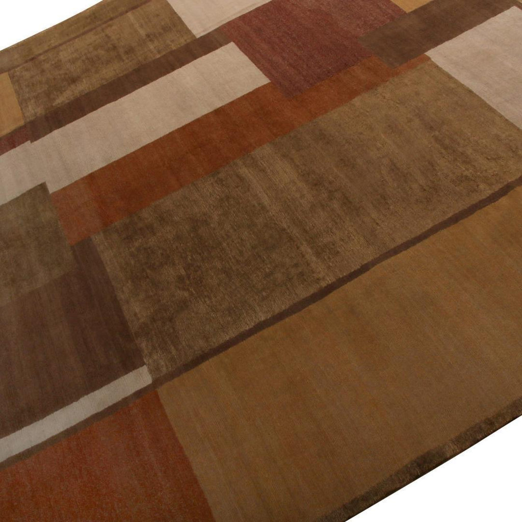 Hand-Knotted Modern Cubist Rug in Beige-Brown, Gold Deco Pattern