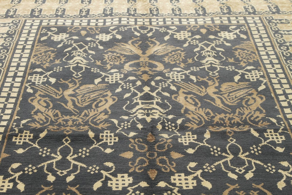 Custom Dragon Pictorial Beige-Brown And Blue Wool & Silk Rug - 11756