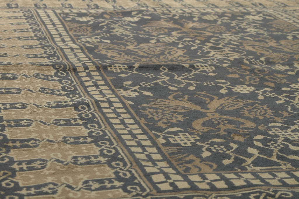 Custom Dragon Pictorial Beige-Brown And Blue Wool & Silk Rug - 11756