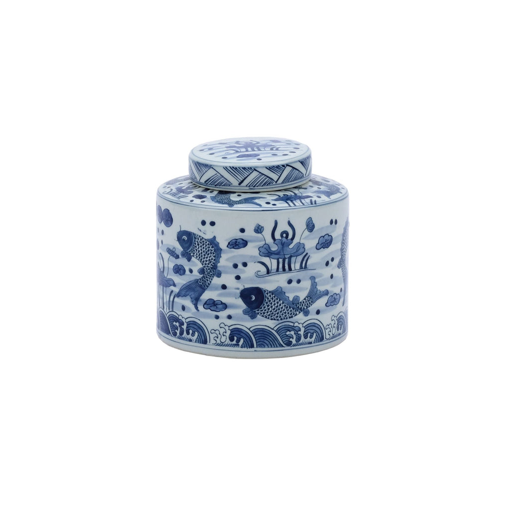 Blue and White Fish Cylinder Tea Jar