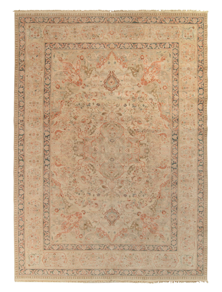 Persian Tabriz Style Rug In Beige-Brown, Pink Floral Pattern - 11807