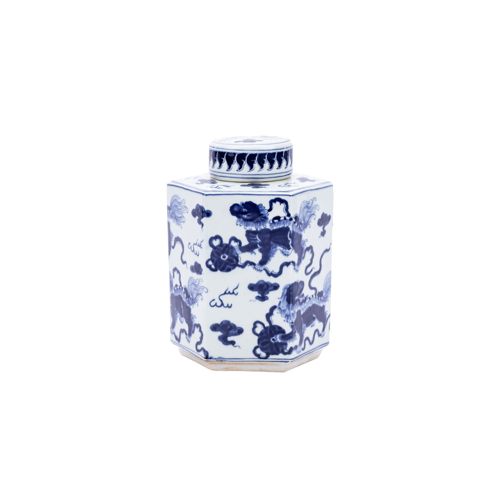 Blue and White Lion Hexagonal Tea Jar