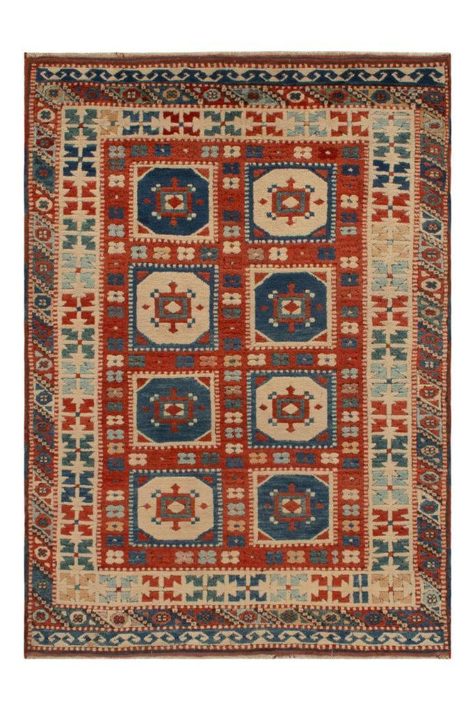 1950s Vintage Kazak Rug In Red, Beige And Blue Tribal Geometric Patterns