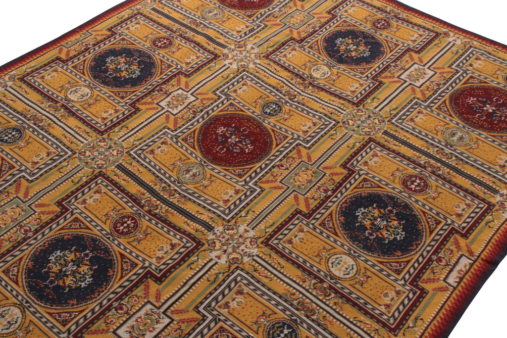 Vintage Needlepoint Rug In Gold And Red With Geometric Medallions