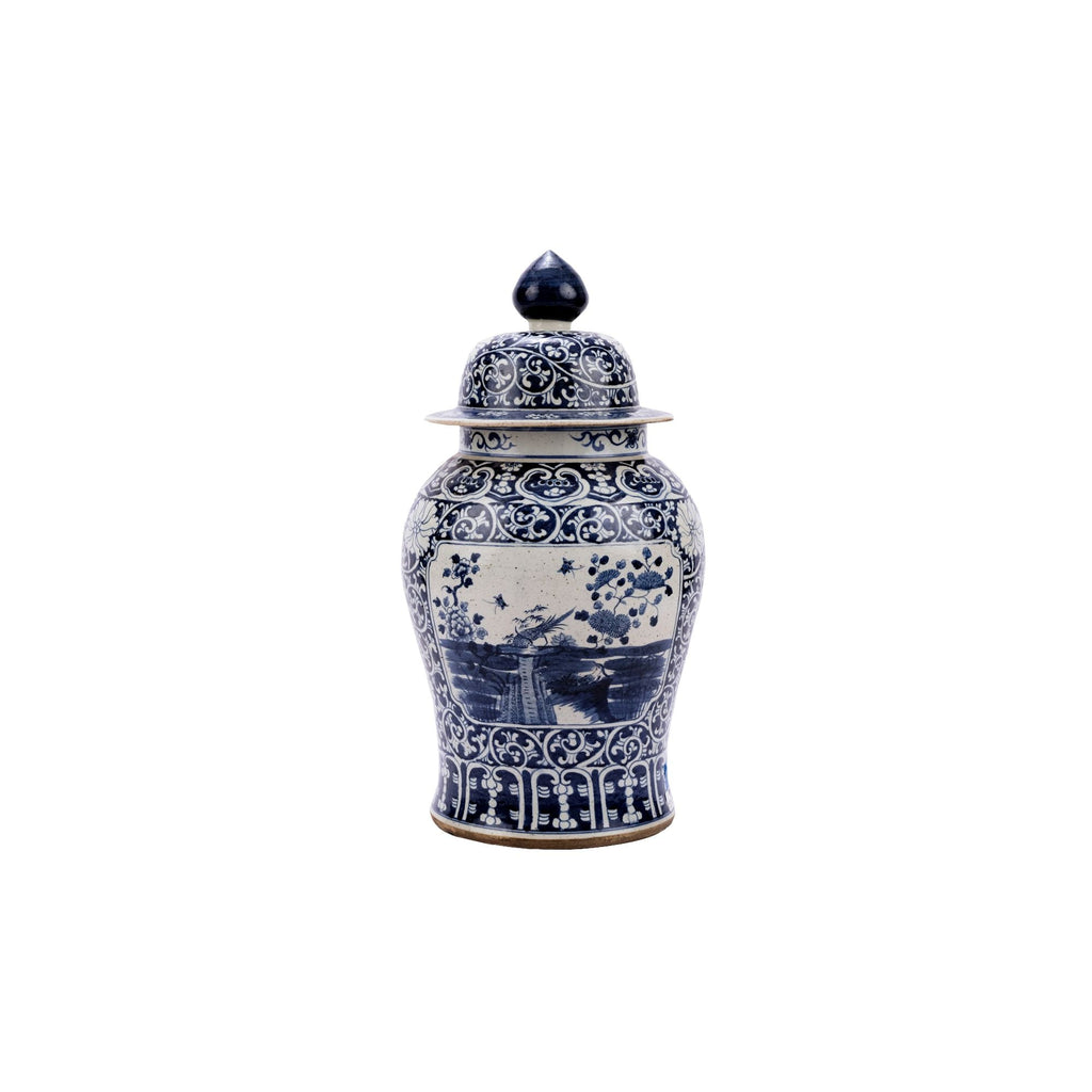 Blue and White Dynasty Temple Jar Floral Landscape Medallion