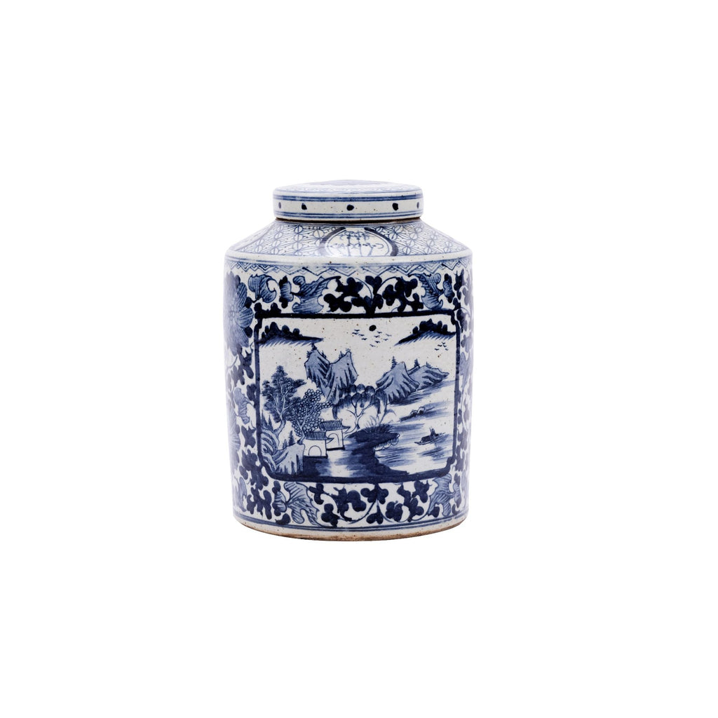 Blue and White Dynasty Tea Jar Floral Landscape Medallion