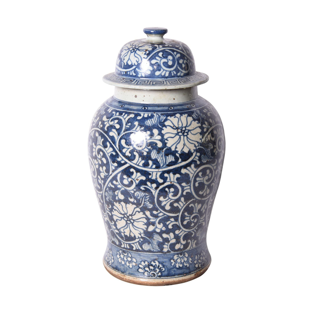 Blue and White Dynasty Curly Vine and Flower Porcelain Temple Jar