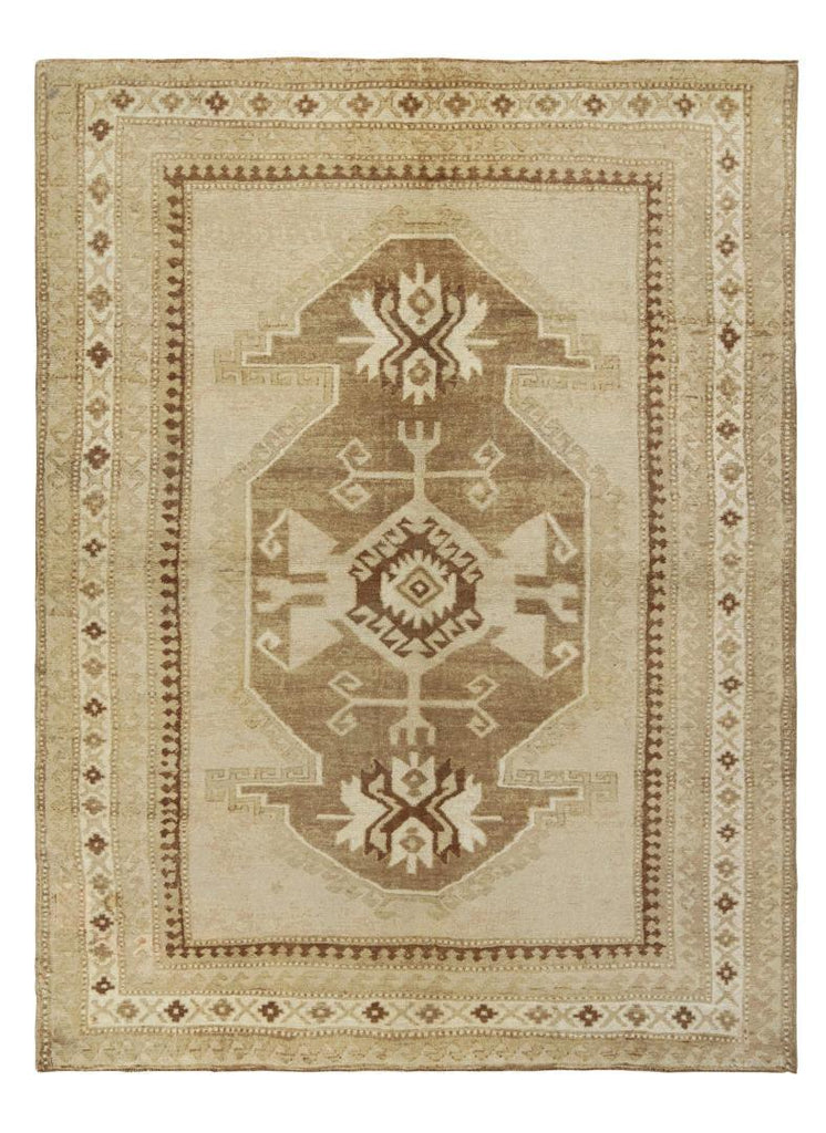 Hand Knotted Vintage Turkish Kars Rug In A Beige Brown White Medallion Pattern