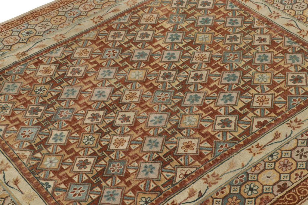 European Deco Rug in Brown, Gold and Blue Geometric Pattern