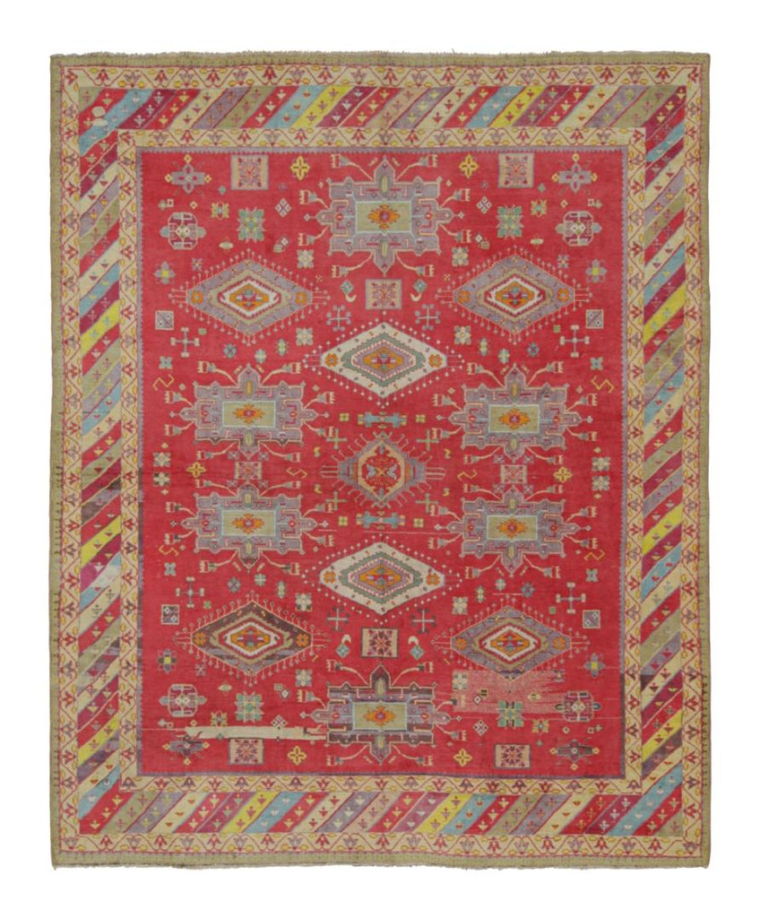 Antique Agra Rug In Red With Colorful Geometric Patterns