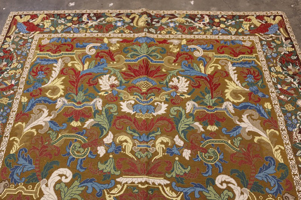 Needlepoint Beige-Brown Yellow And Blue Wool Floral Rug - 12218