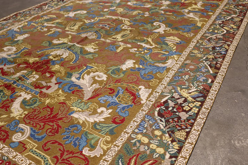 Needlepoint Beige-Brown Yellow And Blue Wool Floral Rug - 12218