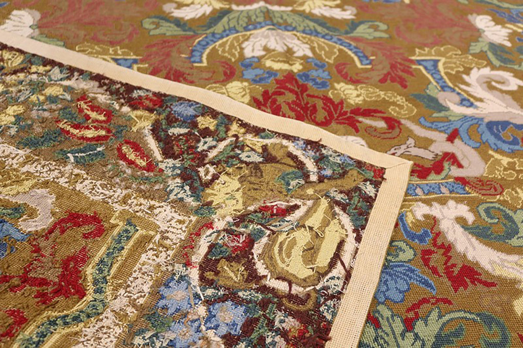 Needlepoint Beige-Brown Yellow And Blue Wool Floral Rug - 12218