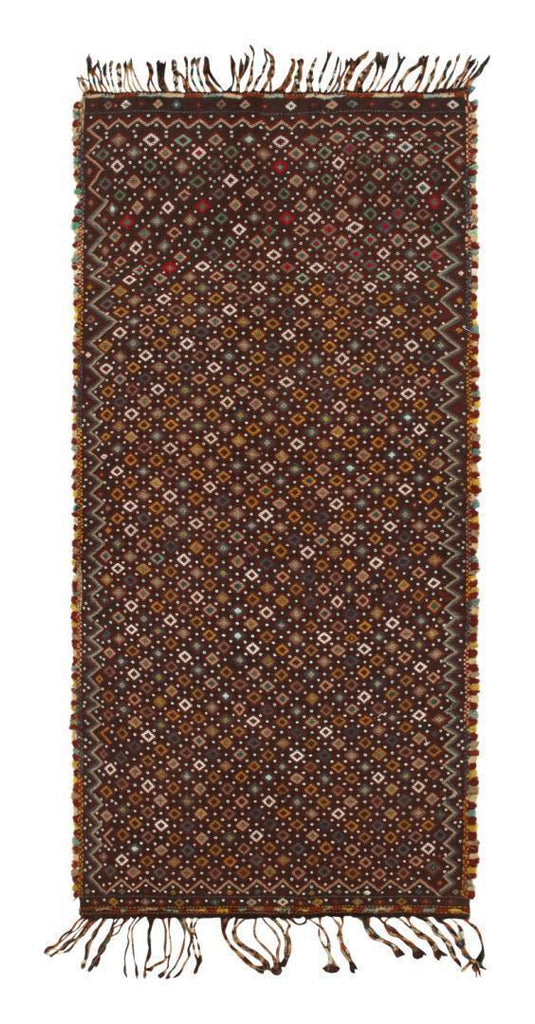 Vintage Tribal Kilim In Brown With Polychromatic Diamond Patterns